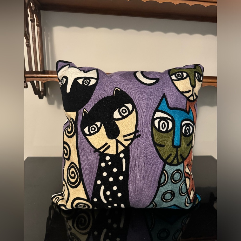 Embroidered Cat Throw Pillow
